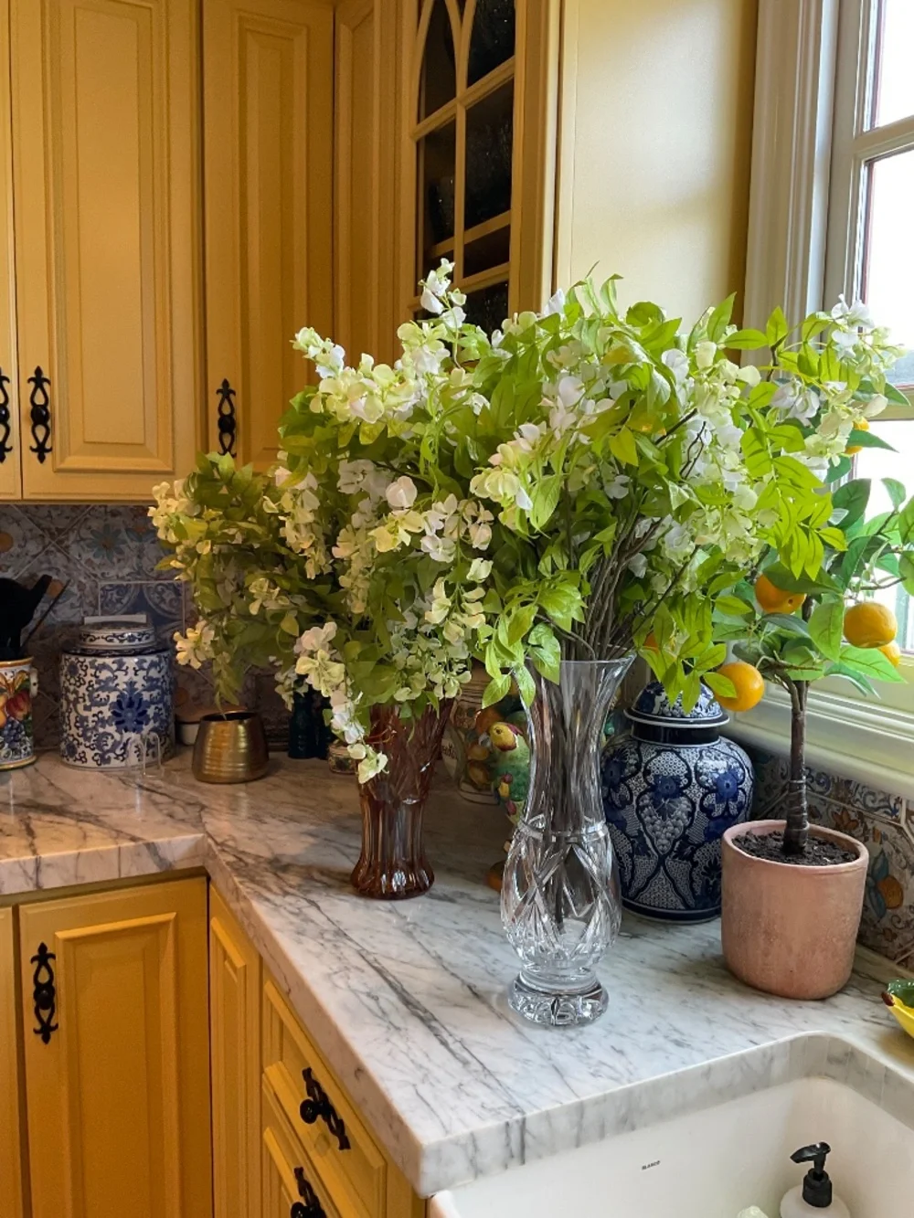 Pair of faux white large scale floral bouquets, flowers only